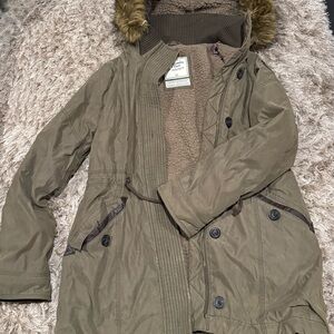 Abercrombie & Fitch Olive Utility Jacket with Faux Fur Trim